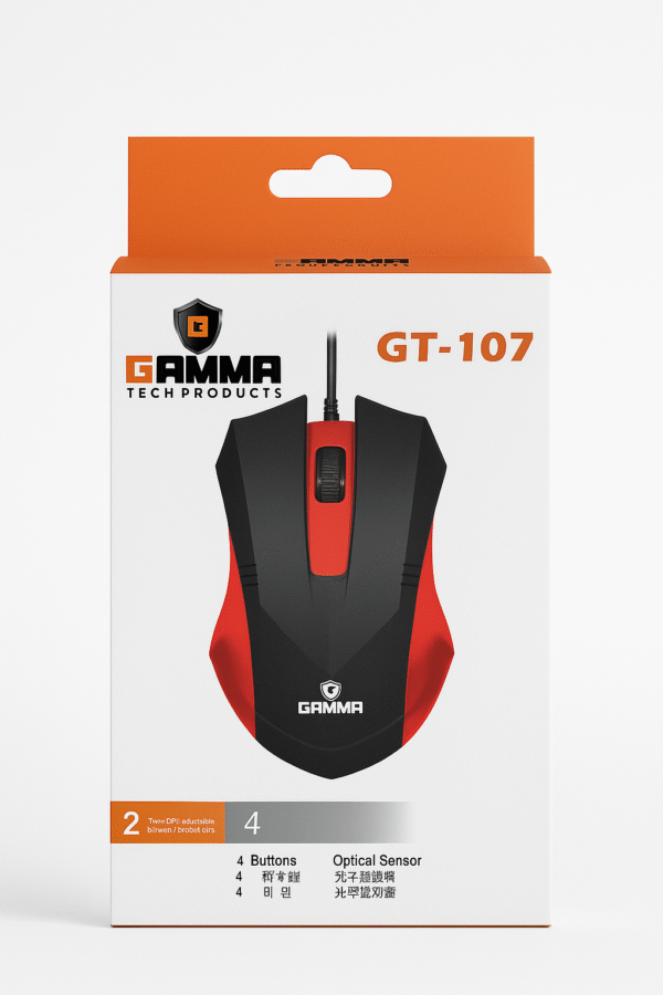 GAMMA GT-107 Wired Optical Mouse – 4 Buttons, Adjustable DPI 1000/1600, Ergonomic Design - Image 2