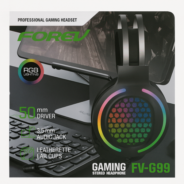 FOREV FV-G99 RGB Gaming Headset – 50mm Stereo Drivers, Soft Leather Earcups, Short Mic (Pink Edition) - Image 3