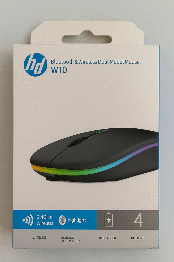 HD W10 Bluetooth & Wireless Rechargeable Mouse – 2.4GHz Dual Mode with 4 Buttons & RGB Lighting - Image 2
