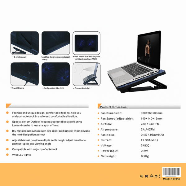 GT-99 Laptop Cooler Stand with Dual Fans - Image 3