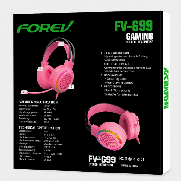 FOREV FV-G99 RGB Gaming Headset – 50mm Stereo Drivers, Soft Leather Earcups, Short Mic (Pink Edition) - Image 4
