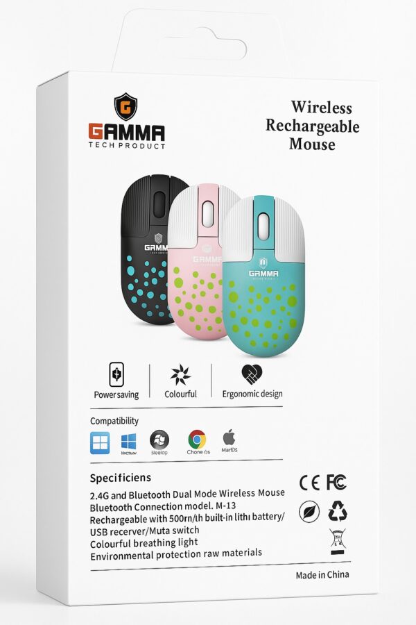 Gamma M-13 Wireless Rechargeable Mouse – Dual Mode (BT + 2.4G) | Silent Click, RGB, Ergonomic Design - Image 2