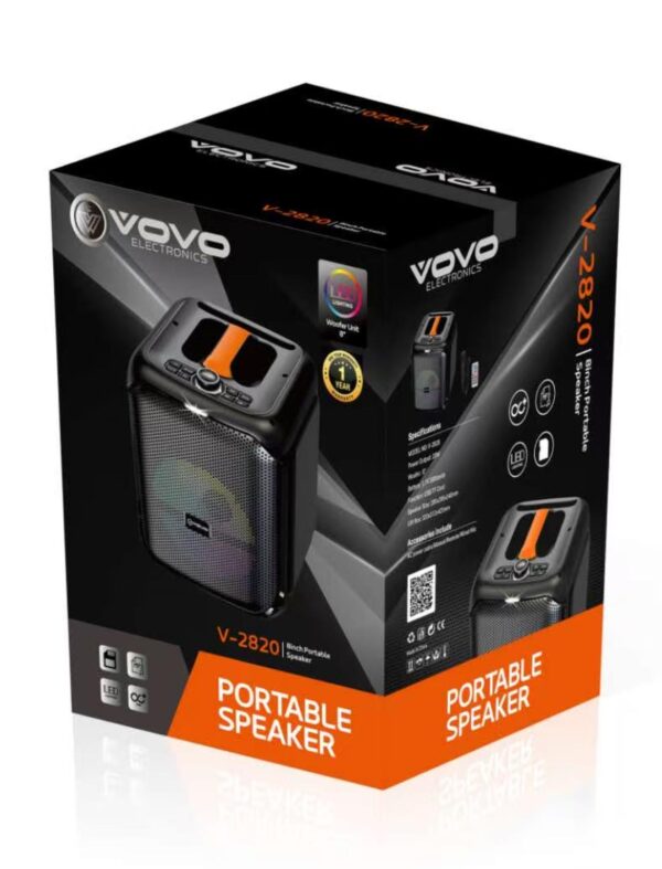 V-2820 8-Inch 20W Bluetooth Party Speaker with Mic, USB/FM & LED Lights – 3000mAh Battery - Image 2