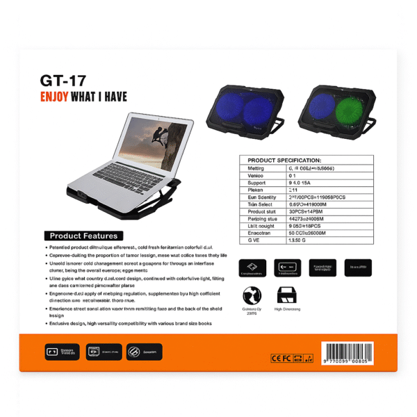 Gamma GT-17 Laptop Cooling Pad – Dual Core Cooling with LED Fans - Image 4
