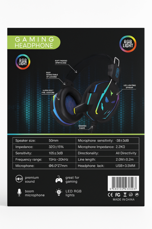 OAK-G6 RGB Gaming Headset with 50mm Drivers, USB + 3.5mm Dual Jack – Noise Cancelling Microphone & LED Lights - Image 4