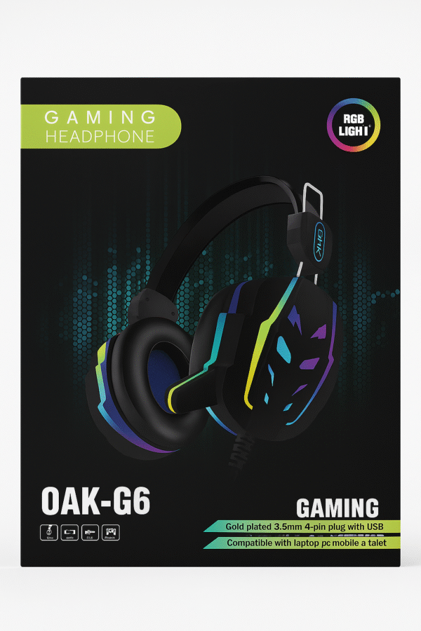OAK-G6 RGB Gaming Headset with 50mm Drivers, USB + 3.5mm Dual Jack – Noise Cancelling Microphone & LED Lights - Image 2