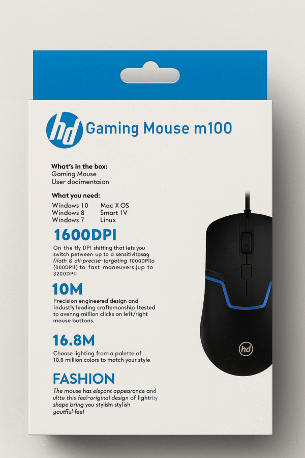 HD M100 Wired Gaming Mouse – 1600 DPI, 4 Buttons, RGB Lighting, Optical Sensor, USB - Image 3