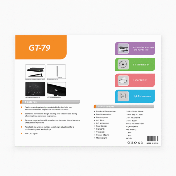 GT-79 Gamma Tech Ultra-Silent Laptop Cooling Pad with 140mm Fan for 17” Laptops - Image 3