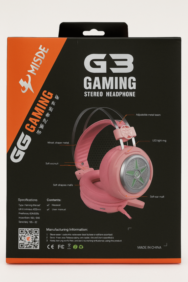 MISDE G3 Gaming Stereo Headset with LED Lights – Over-Ear Wired Headphones for PC/MAC (Pink Edition) - Image 5